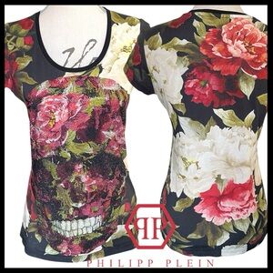 Philipp Plein Couture Black Floral Cotton Scoop Neck Crystal Skull Tee (XS)
